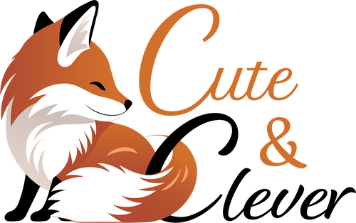 Logo with Cute & Clever in script font: A gently smiling russet and white fox has his tail wrapped around the C in Clever